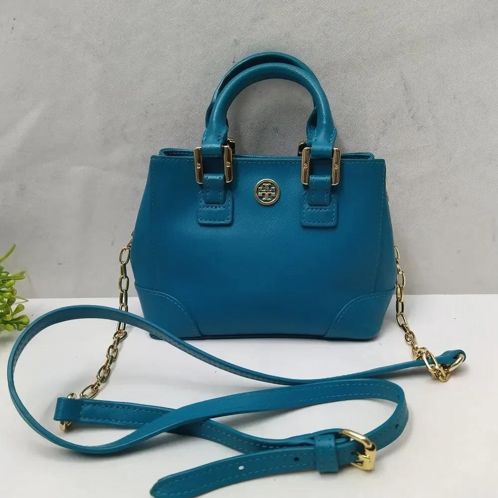 Tory Burch Robinson Blue Leather Doubled Handles Mini Tote Crossbody Bag